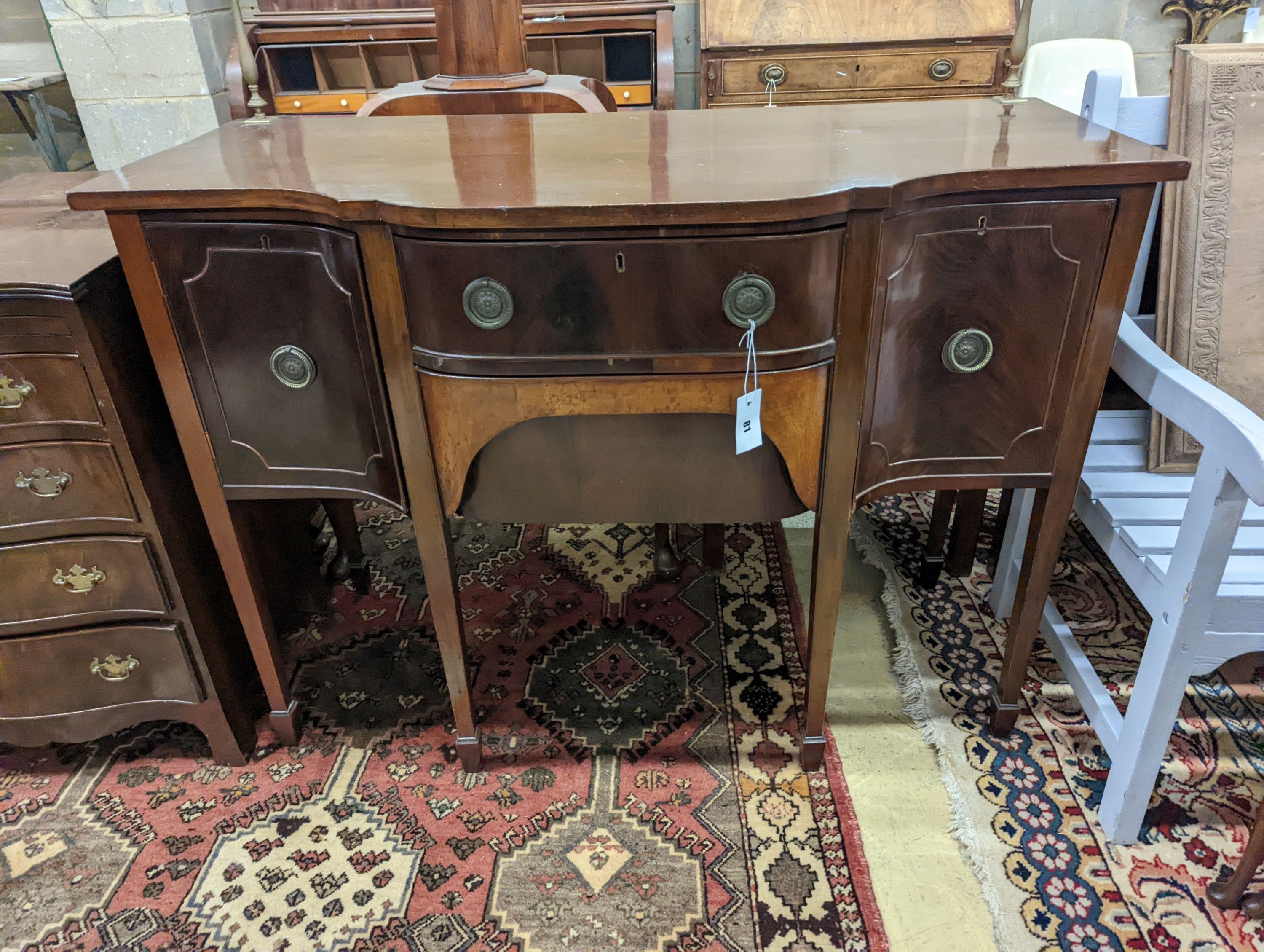 A small George III style mahogany bow front sideboard, length 117cm, depth 55cm, height 85cm